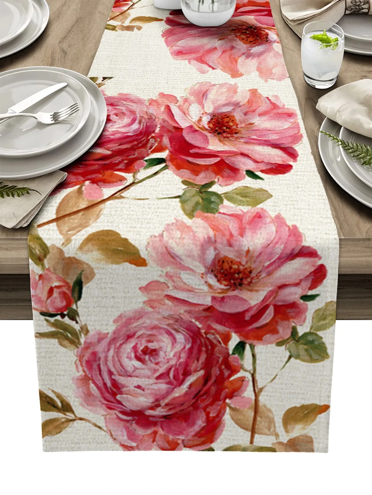 Vintage Flowers Tulips Oil Painting Linen Table Runner Farmhouse Holiday Wedding Party Decor Washable Kitchen Dining Table Decor