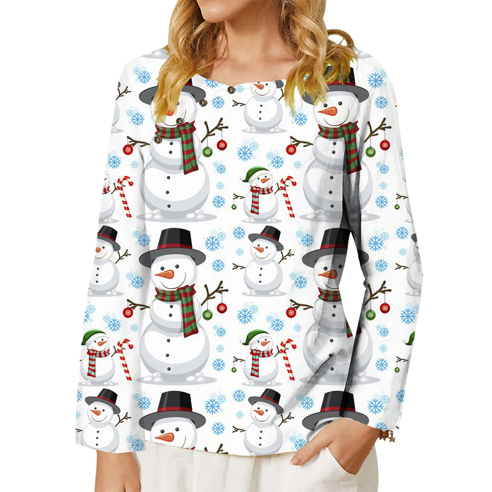 CLOOCL Women Blouse New Trendy Loose Casual Long Sleeve Tee Cute Cartoon Snowman T-shirt Autumn Spring Tops Street Wear