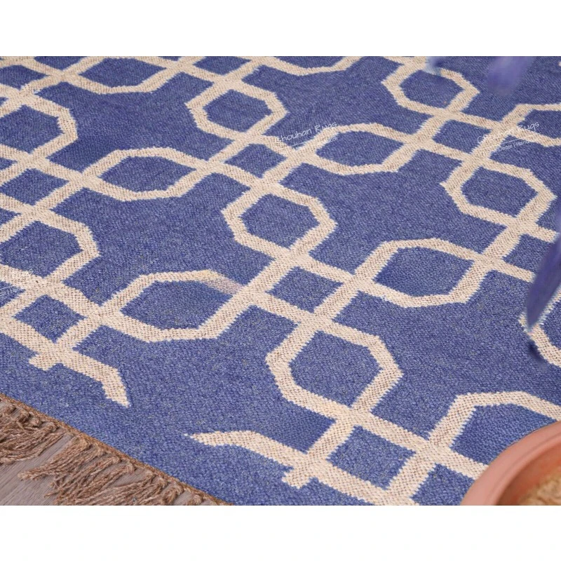 Blue Rug with White Design Fringes Jute Rug Handwoven Wool Jute Kilim