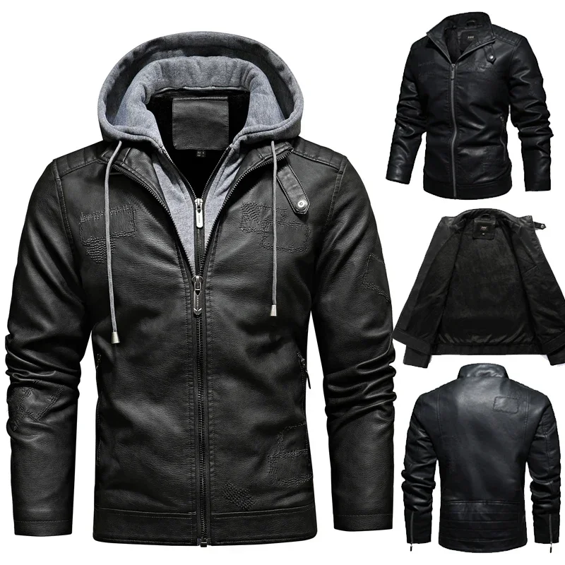 

Fall Winter Jackets for Men Detachable Hood Leather Jacket Men Clothing Fleece Keep Warm Jacket Men Chamarras Para Hombre