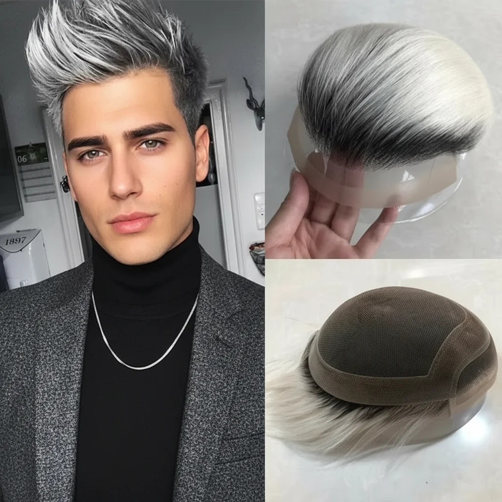 

Men Toupee 100% Human Hair Mono Base Lace With PU Salt Pepper For Mature Men 1B20 1B60 1B80 Wig Straight