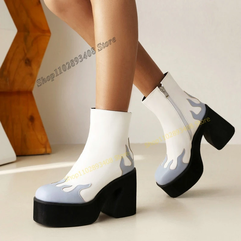 

Blue and White Ankle Boots Platform Mixed Color Side Zipper Round Toe Chunky Heel Women Shoes 2023 Fashion Zapatos Para Mujere