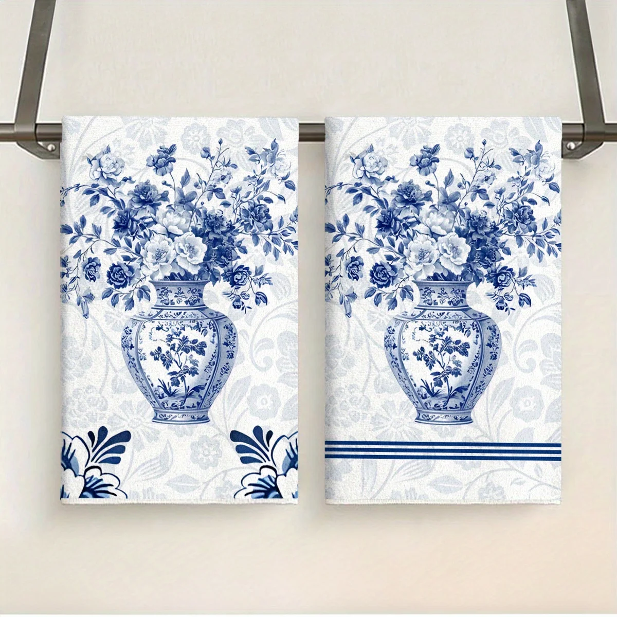 Two blue and white porcelain pattern kitchen towels with peony flower pattern, soft and absorbent, suitable for festivals