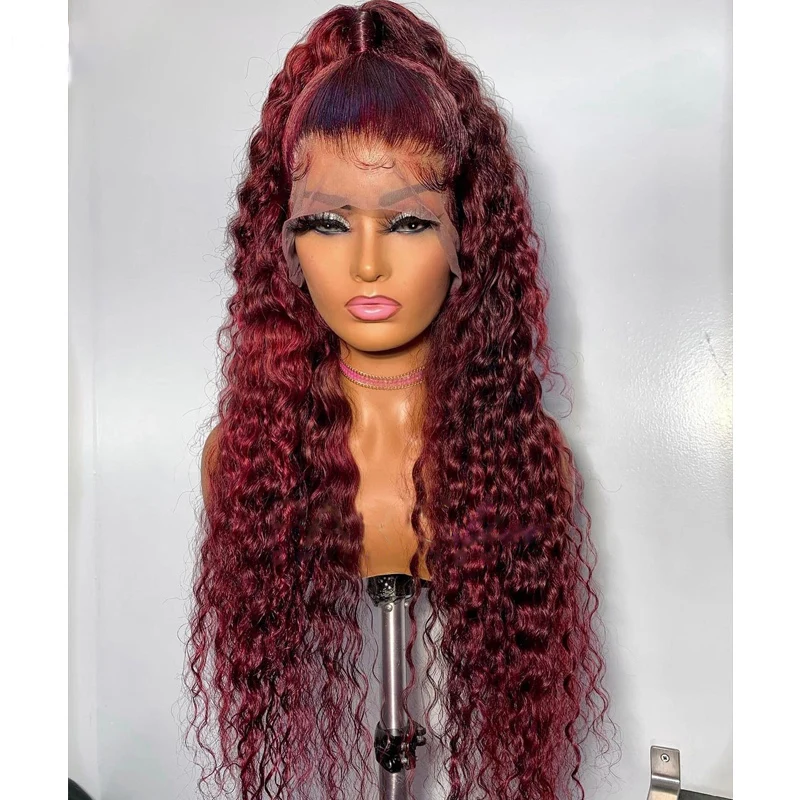 

Preplucked 99j Burgundy 26“Long 180Density Natural Hairline Lace Front Wigs For Black Women Kinky Curly Baby Hair Wine Red