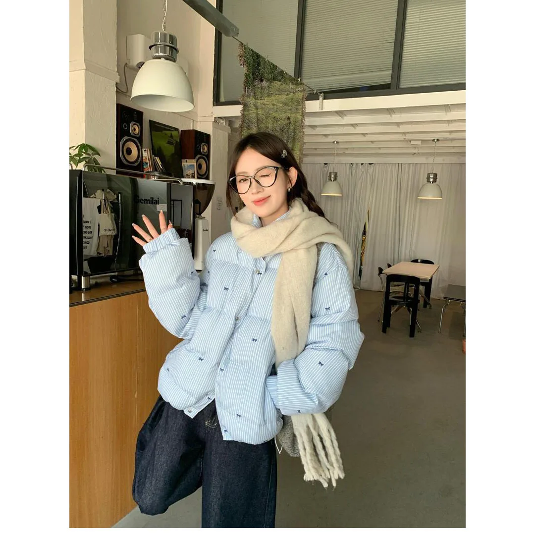 Japanese and Korean Vibe Style Striped Bow Cotton Jacket Winter New Versatile Thick Warm Jacket Blue