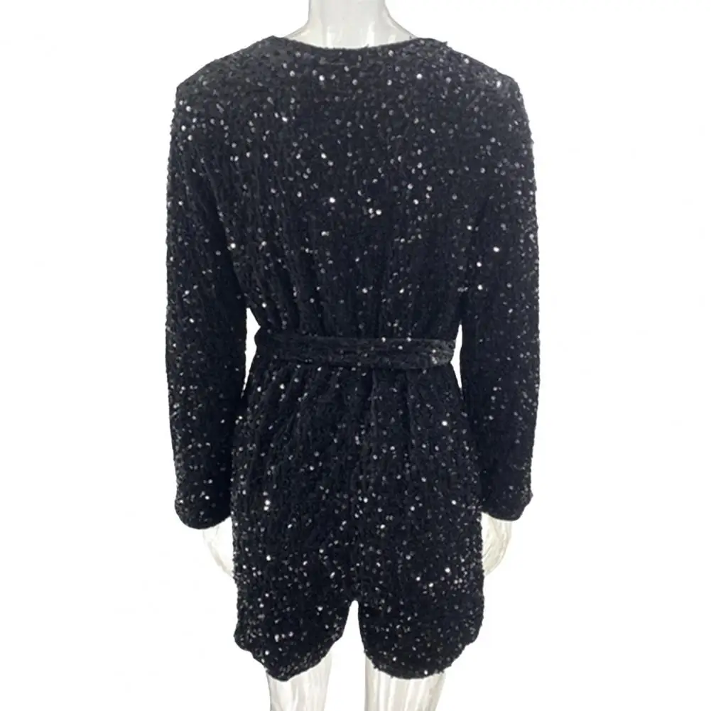 Monos elegantes para mujer, pelele holgado de manga larga con lentejuelas brillantes, mono con cordones y cintura delgada para fiesta de graduación por encima de la rodilla