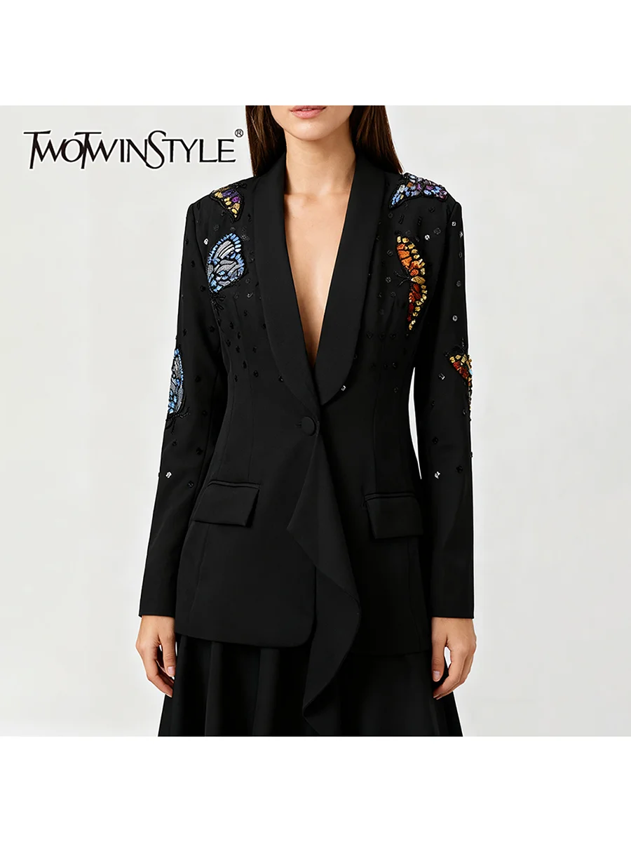 

TWOTWINSTYLE Fashion Spliced Beading Irregular Blazers for Women Lapel Long Sleeves Patchwork Sequins Elegant Blazer Female New