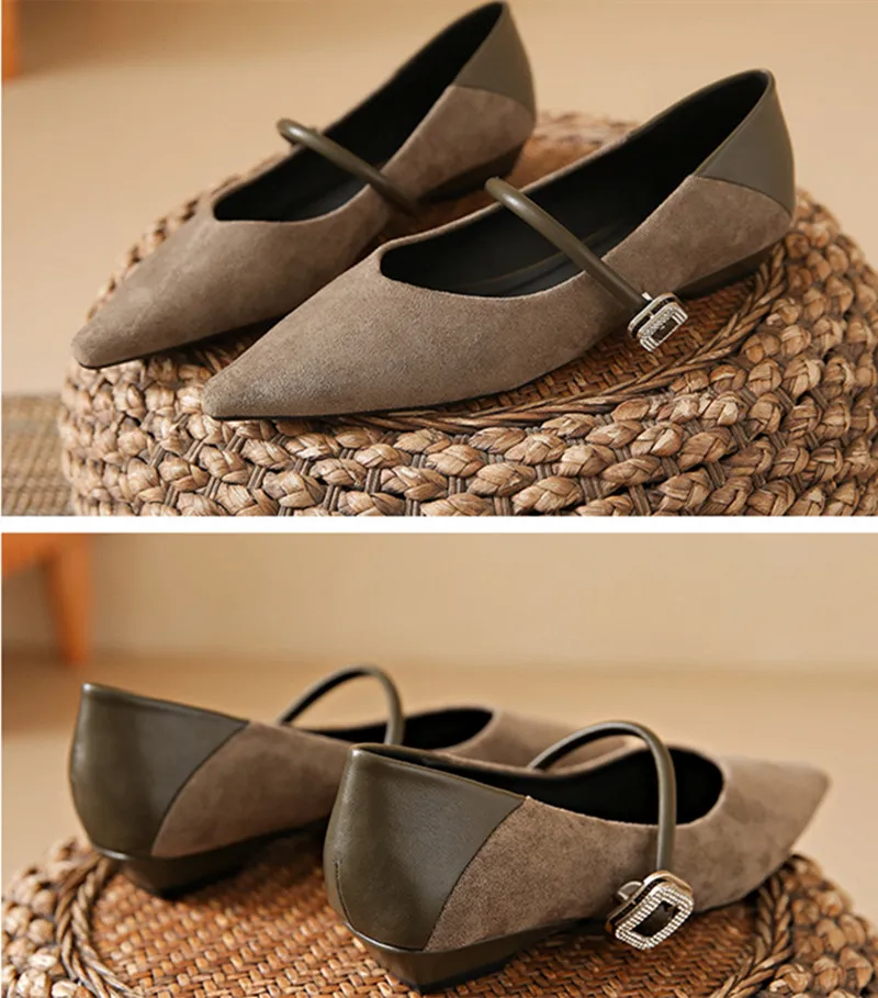 

Elegant Wedge Heel Mary Jane Shoes Women Sexy Pointed Toe Metal Buckle Strap Design Flats Comfortable Faux Suede Women Footwear