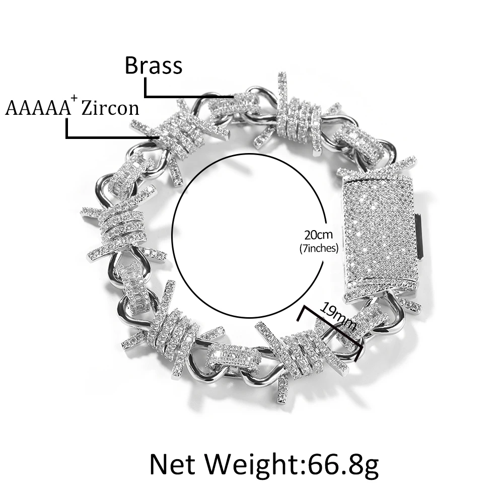 THE BLING KING 19MM Men's Large Barbed Wire Chain Bracelet Iced Out Baguette CZ Full Thick Link Charm Hip Hop Box Clasp Jewelry