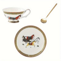 TeaCup and Saucer,Porcelain Coffee Cup Running Horse Design Teacup with Gold Trim and Spoon,7.5 oz Vintage China Mug Cup