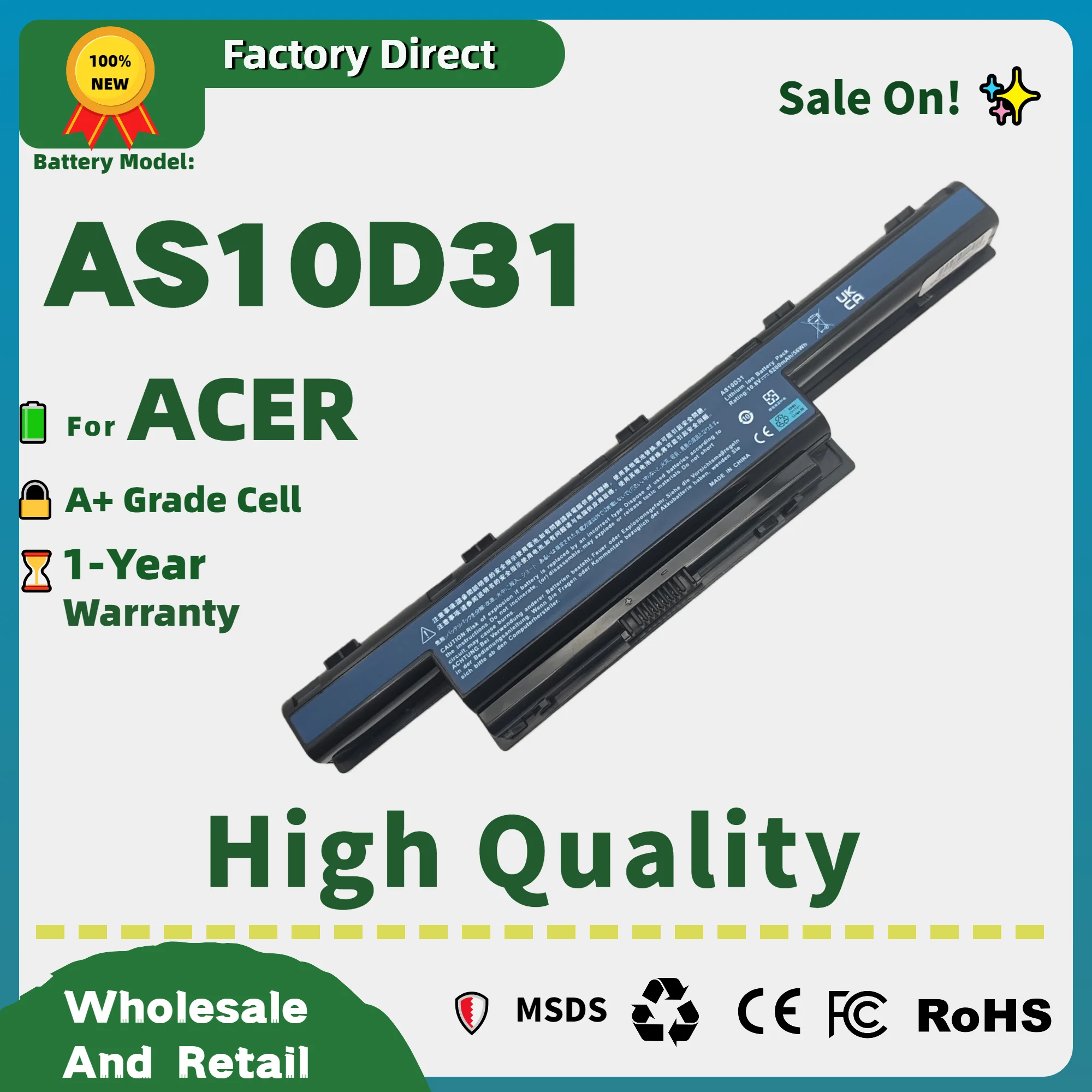 Factory Direct! AS10D31 Laptop Battery for Acer Aspire 4250 4339 4743 5551 5552 5741 5472 5750 7551 7552 7741 4740 4370 AS10D3E