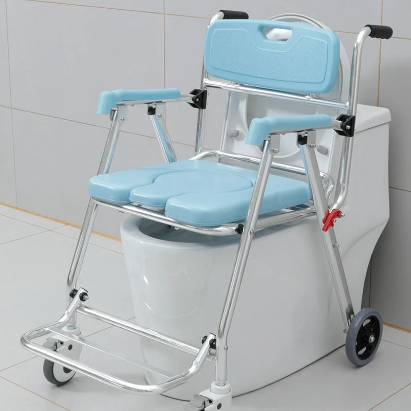 Kursi Mandi Kursi Toilet Dorong Tangan Tua Paduan Aluminium, Kursi Toilet Samping Tempat Tidur dengan Empat Roda Kapasitas Beban Maksimum 330lbs