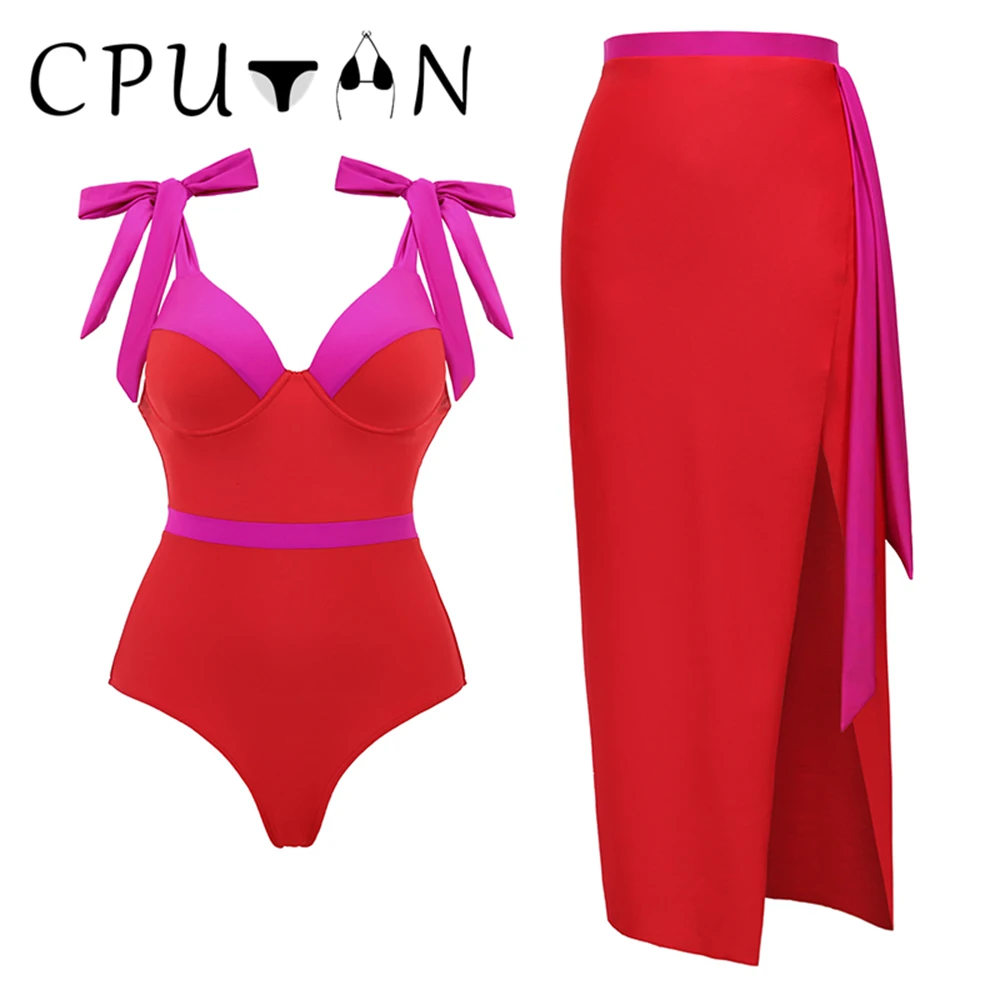 2Pcs Red Swimsuit With Long Skirt Sexy Women Bikini Push Up Swimwear Bandage Biquini Female Bathing Suit Slimming Beachwear