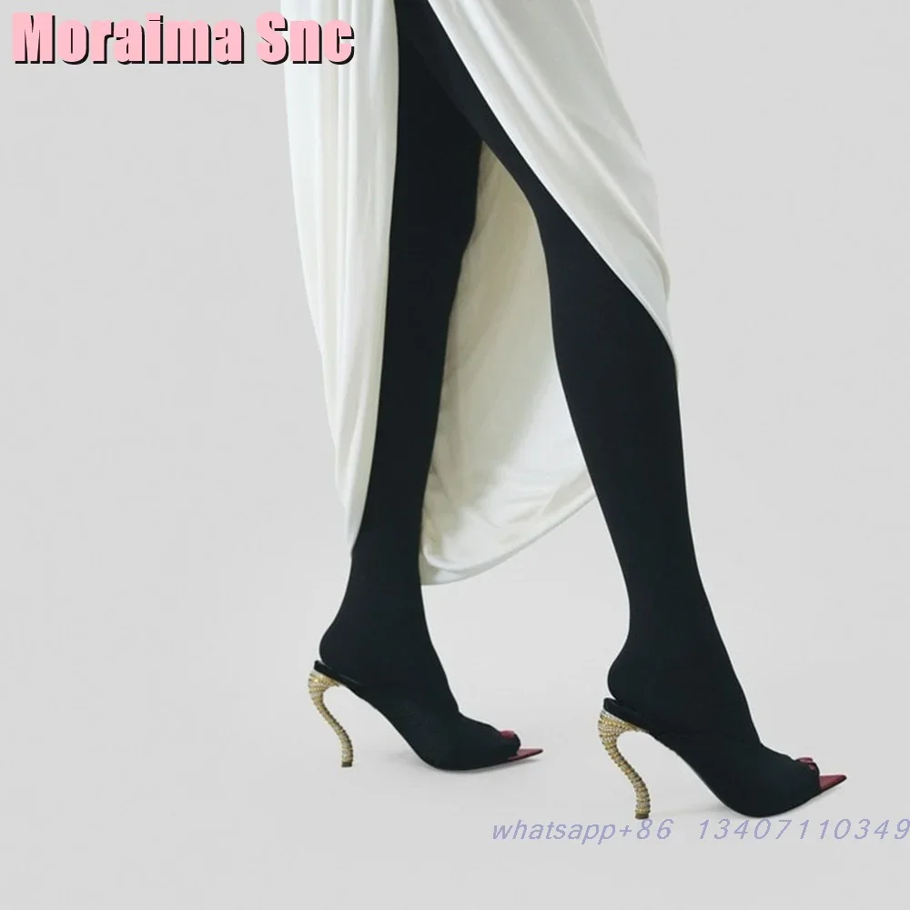 

Peep Toe Crystal Strange Heel Slippers Suede Leather Pointed Toe Black Sexy Fashion Women's Summer Shoes Slides Slip On 2025 New