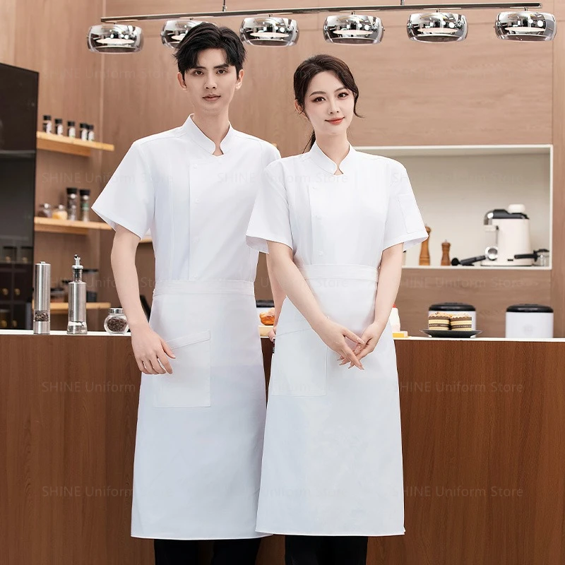 Veste de Chef respirante, uniforme avec tablier en maille à manches courtes, manteau de Chef de cuisine de Restaurant, vêtements de travail noirs, accessoires de chef pour hommes