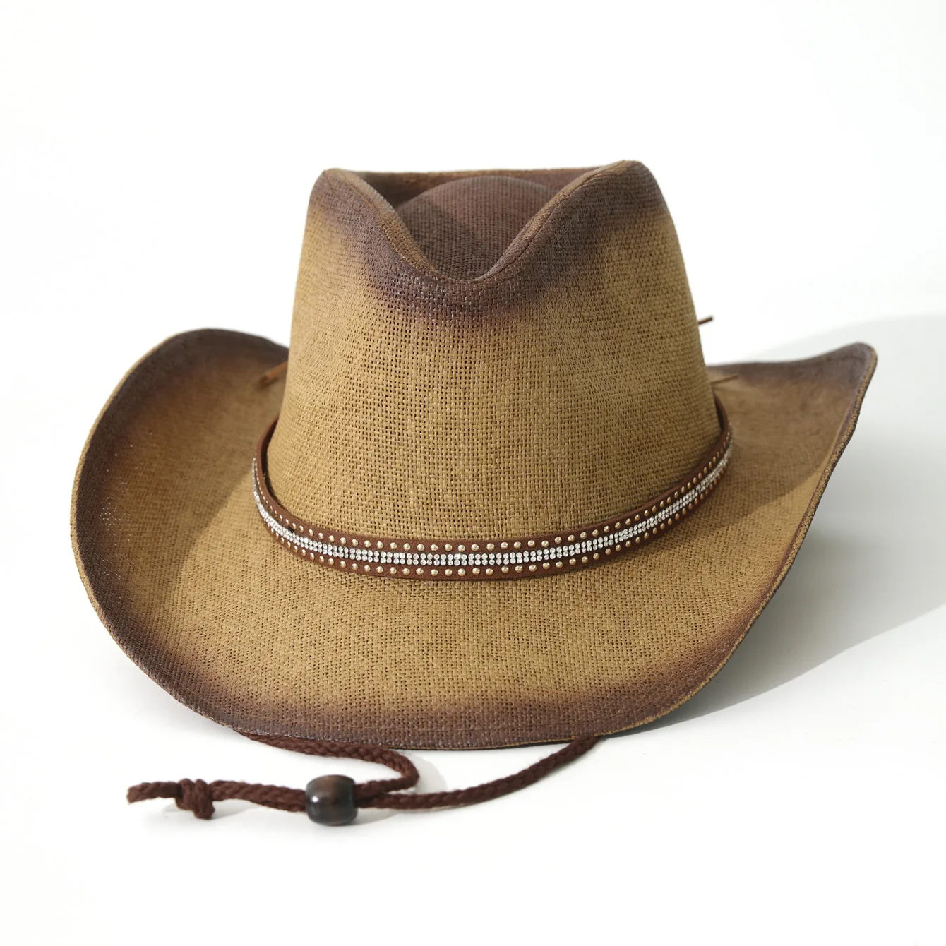 Hard Spray Paint Western Cowboy Straw Hat for Summer, Moldable Brim Sun Beach Cap with Bull Head Decor Cross Border