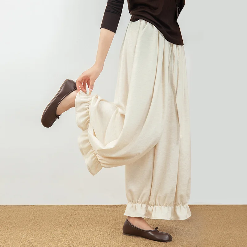 

Flower Bud Wide-leg Pants Women's Summer Korean Solid Color Breathable High Waist Sweatpants Kawaii Ruffled Baggy Bloomers