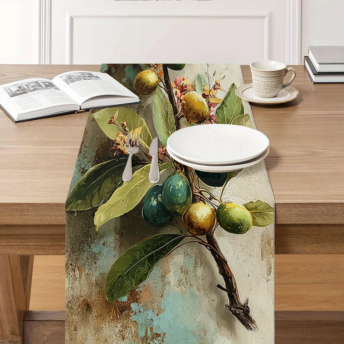 1 Piece of Retro Oil Painting Style Olive Branch Theme Table Flag, Three-Dimensional Brush Strokes Painted Olive Fruit Branches and Leaves, Suitable for Pastoral Restaurants, Art Studios, European B&Bs, Wine Tasting Parties, Handicraft Markets, Retro Tea Rooms, Natural Soft Furnishings, Cultural Salons