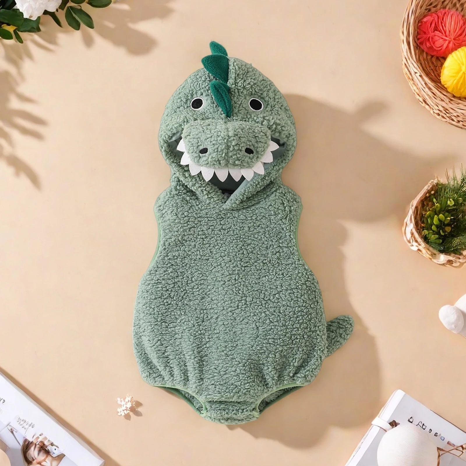 Halloween New Green Dinosaur Plush Hooded Romper for Newborn Baby Cartoon Infant Sleeveless Daily Wear Birthday Casual Outfit