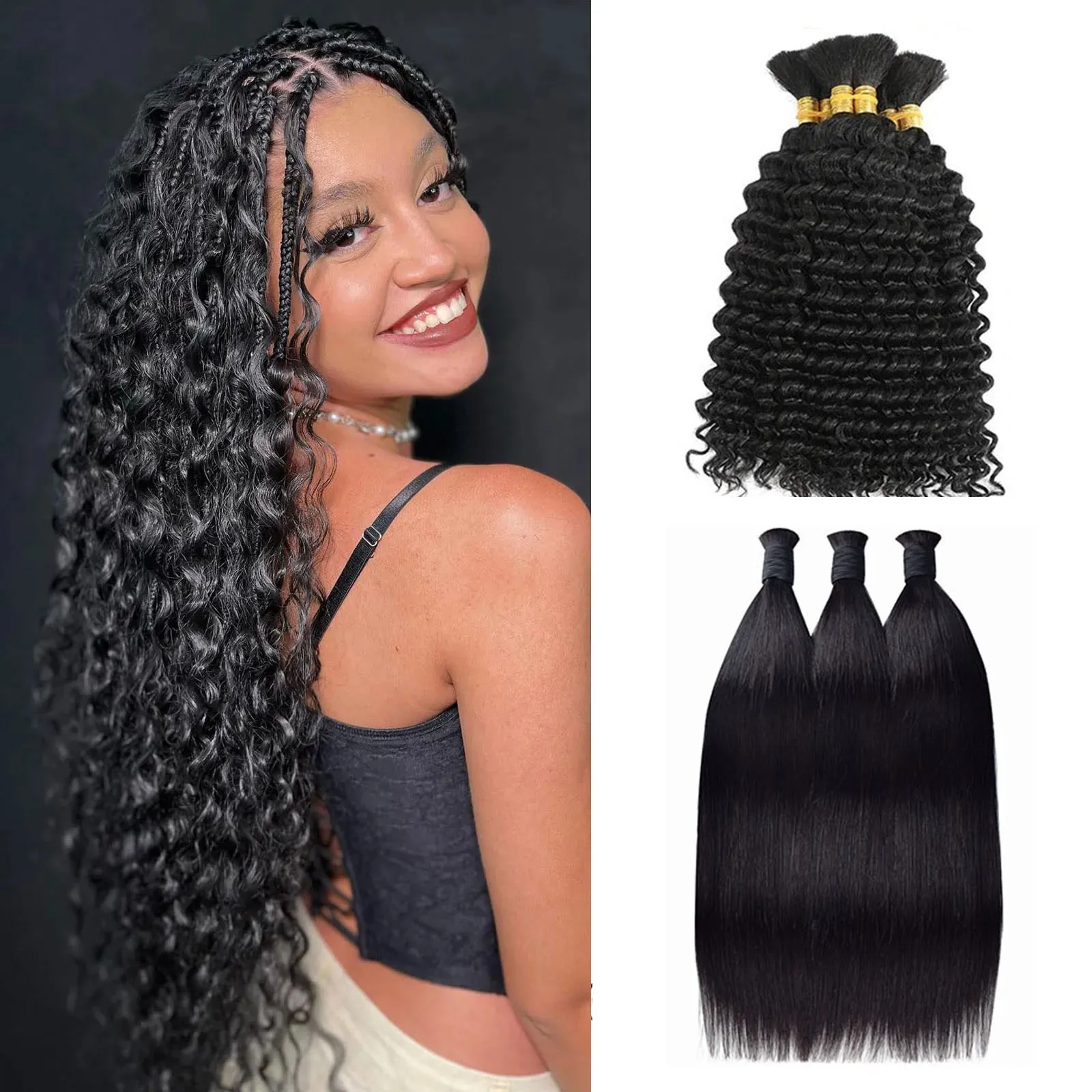 100% Human hair Deep Wave Bulk Braiding Hair Unprocessed No Weft Boho Braids Human Hair Bulk Extensions Remy Hair Curl