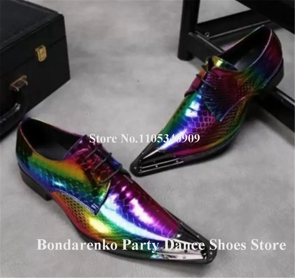 Bondarenko Men Shining Mixed-colors Flat Leather Shoes Pointed Metal Toe Lace-up Low Heel Dance Shoes Men Dress Shoes
