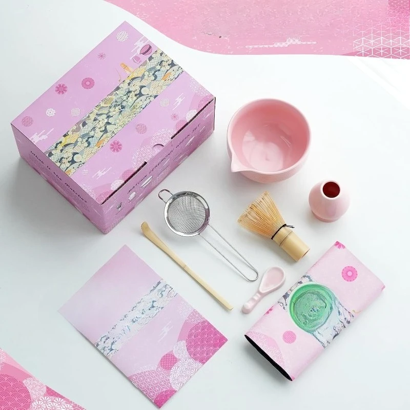 

Fashion custom ceramic matcha bowl set, pink sample custom matcha egg beater set