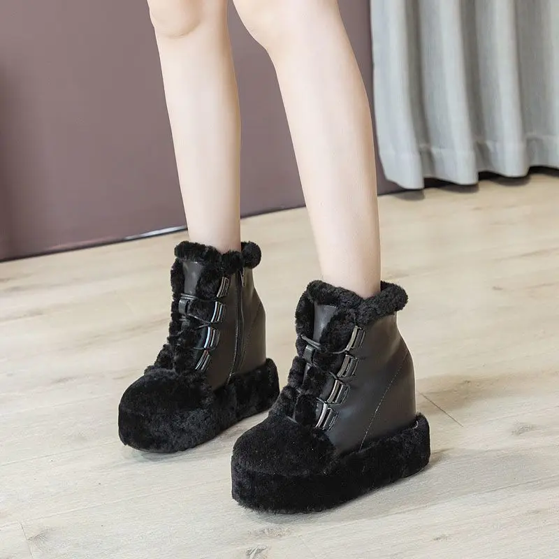 Fujin 10cm New Genuine Leather Synthetic Platform Wedge Fur Winter Plush Warm Ankle Boots Super High Elegant Fashion Lady Shoes