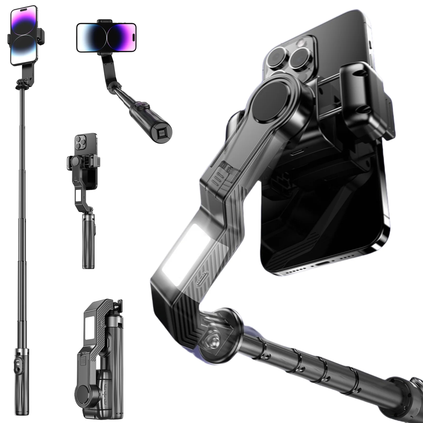 

Mini Multi-Functional Handheld Gimbal Selfie Stick Phone Holder with Lightening Bolt Lamp Portable Monopod for Photography