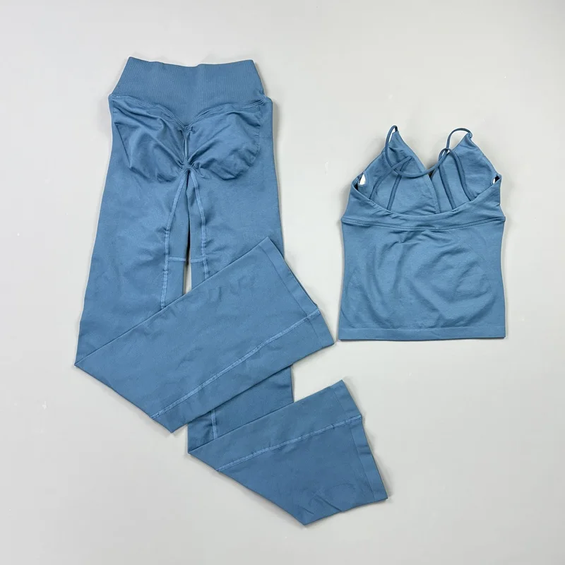 2Pcs Women Seamless Yoga Workout Sets Thin Strap Tank Top Cross Waist Flare Hip Shaping Leggings Gym Running Pilates Sport Suit