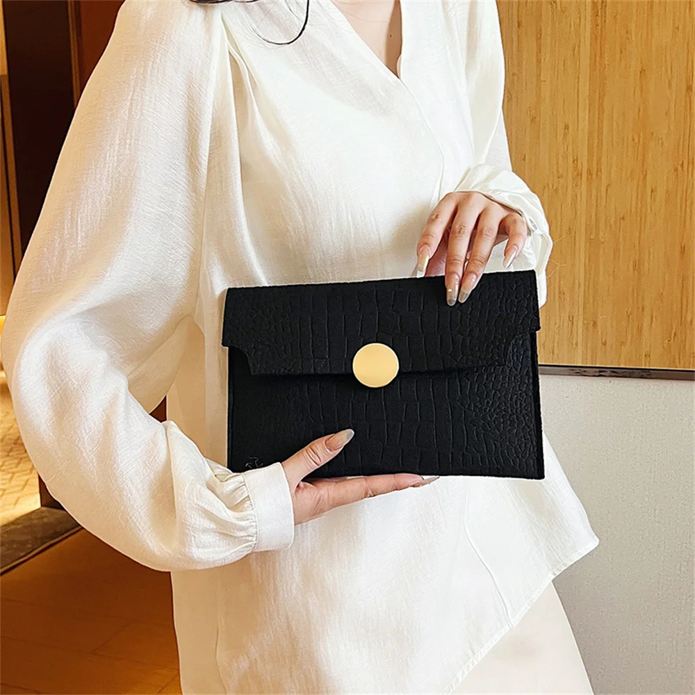 Casual Ladies Clutch Bag Handheld Envelope Handbag Felt Crocodile Pattern Purse Solid Color Business Women\'s Evening Clutches