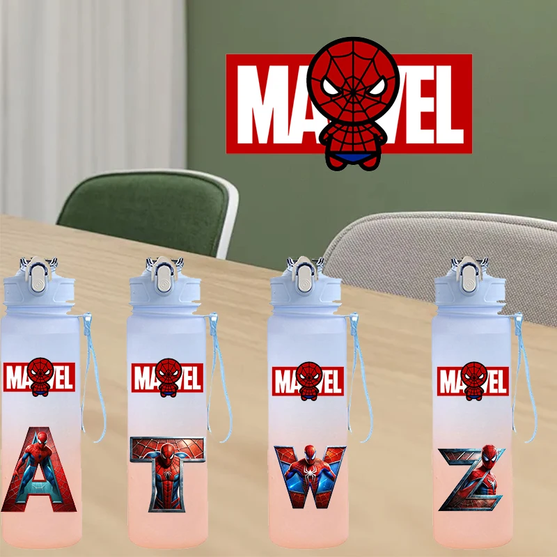 Botella de agua con estampado de Spider-Man, número 0-9, letra A-Z, 750ML, gran capacidad, portátil, para beber, Anime, deporte al aire libre, regalo