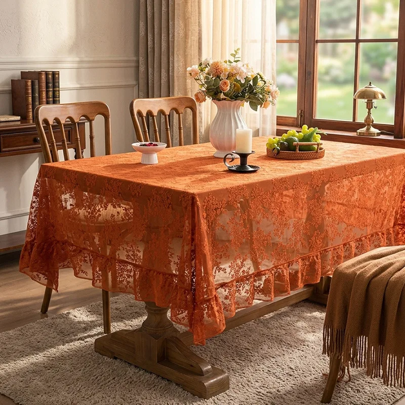 Orange Französische Bestickte Spitzen-Tischdecke Elegante Blumenmuster Rechteckige Durchbrochene Dekorative Tischdecke für Zuhause und Esszimmer