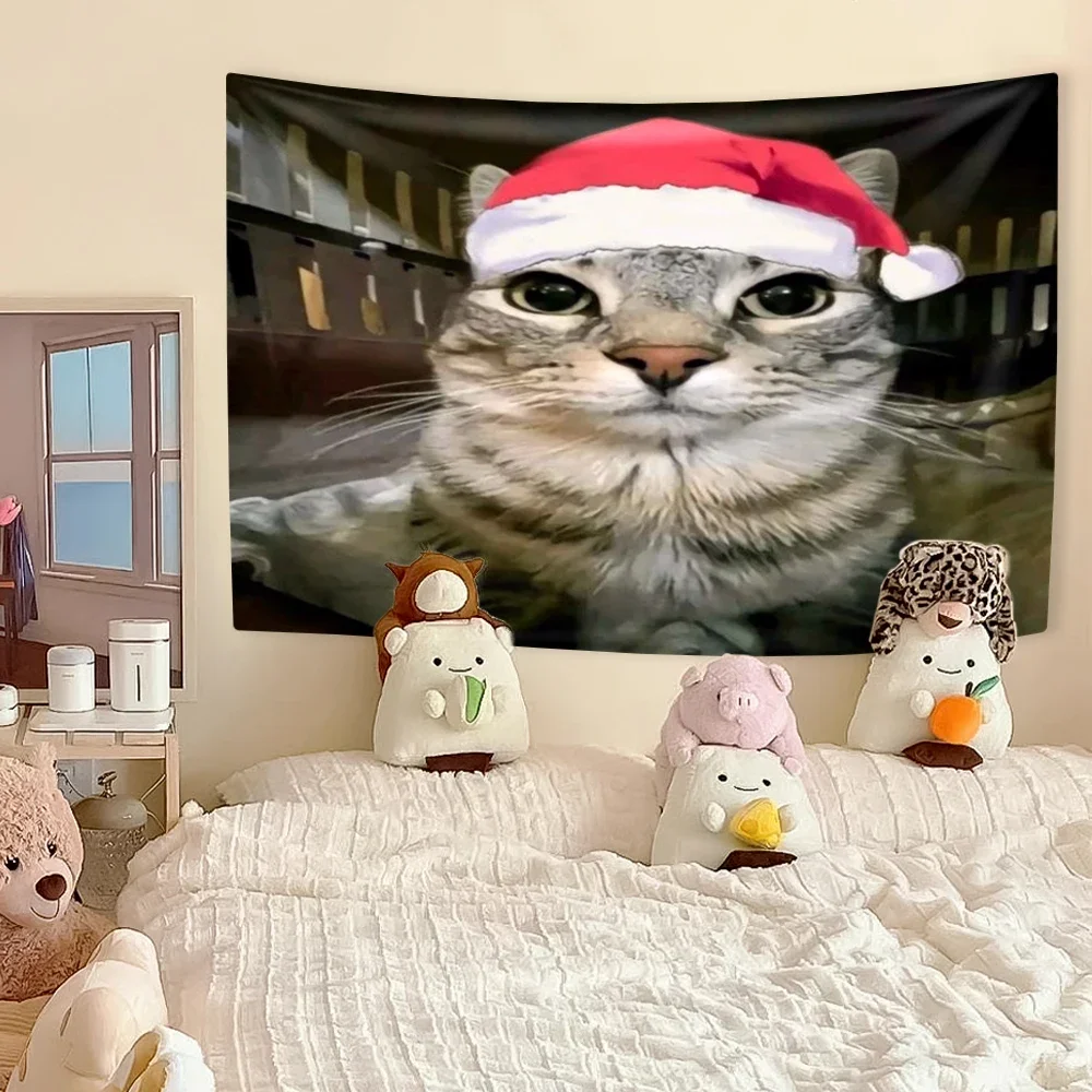 Afbeelding 4: Grappig kattenmeme wandtapijt, Kawaii Animal Home Decor wanddecoratie, slaapkamer slaapzaal achtergrond festival cadeau