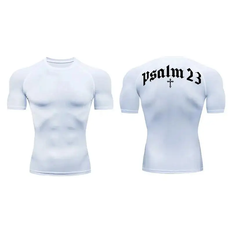 Psalm 23 Cross Print Compression Shirt for Men Sporty Quick Dry Tees Tshirt Tops Gym Workout Fitness Undershirts Baselayers