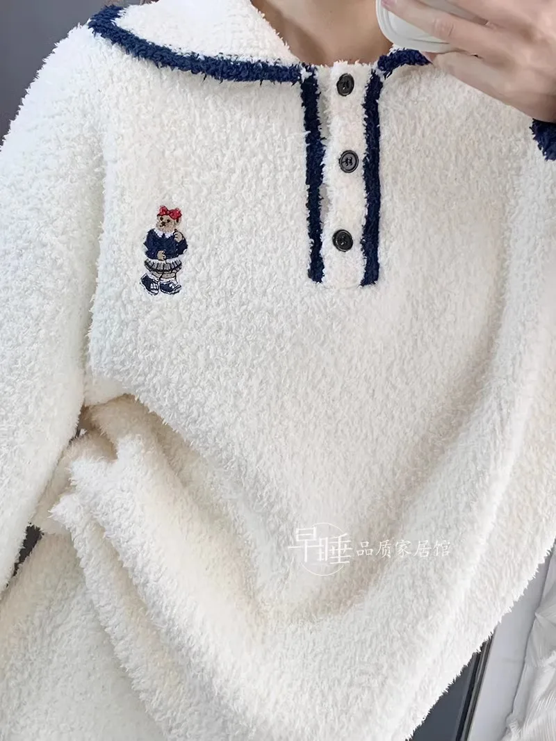 النمط الياباني الخريف الشتاء جديد الحلو لطيف فتاة طويلة الأكمام منامة النساء سميكة الدافئة فضفاضة ملابس منزلية غير رسمية