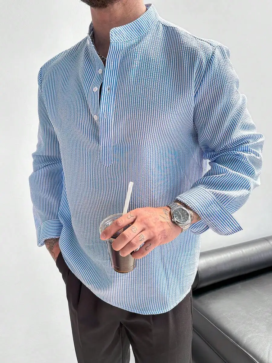 

Men's Light Blue Striped Mandarin Collar Shirt, Relaxed Fit Long Sleeve Casual Top