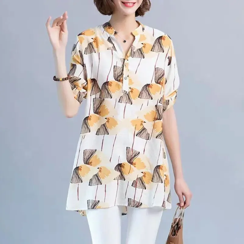 オフィスカジュアル V ネックボタンミディブラウス韓国ルース春夏スタイリッシュな花柄プリント女性服 3/4 スリーブシャツ JJ96