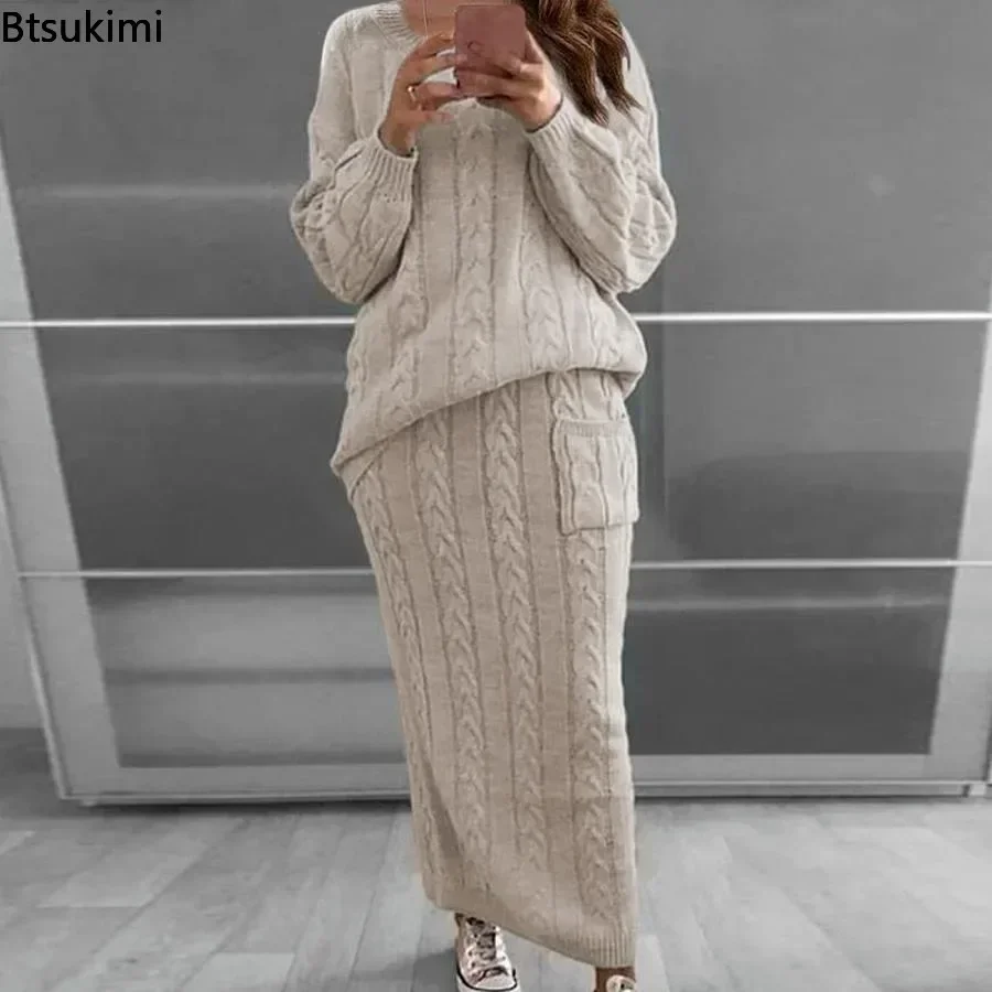 2024 Women's Knitted 2 Pieces Dress Sets for Winter Long Sleeve Pullovers Sweater Top+Knitted Skirts Suits Sets Warm Sets Female