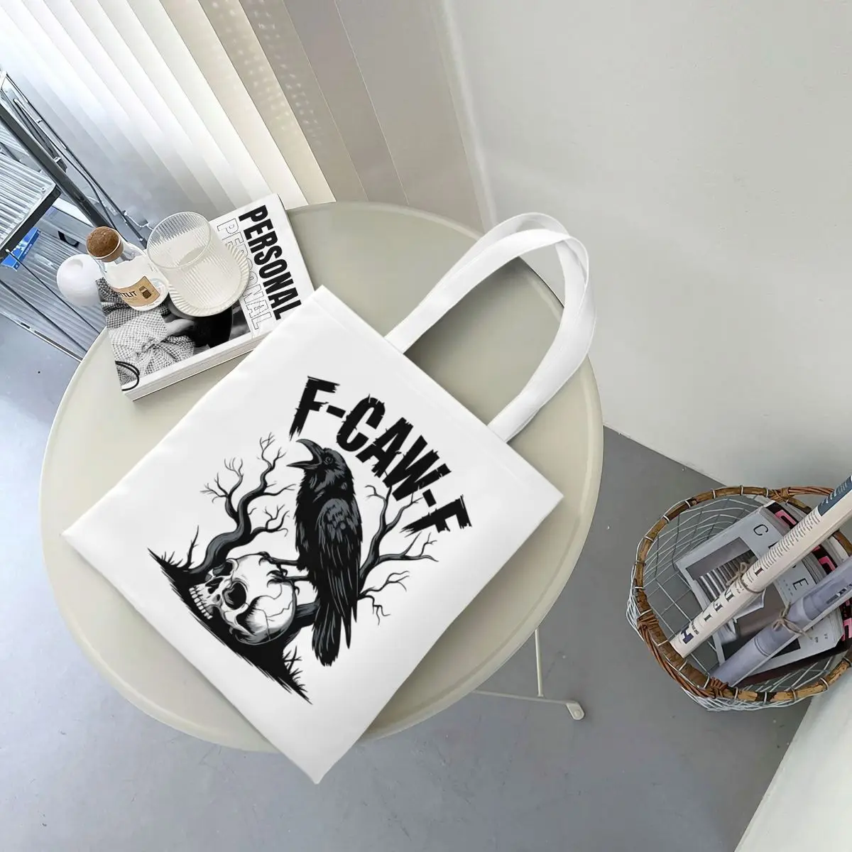 F-Caw-F الأسود الطيور والجمجمة حمل الحقائب النسائية حقيبة يد قماش كلية حقيبة كتف مطبوعة حقيبة تسوق