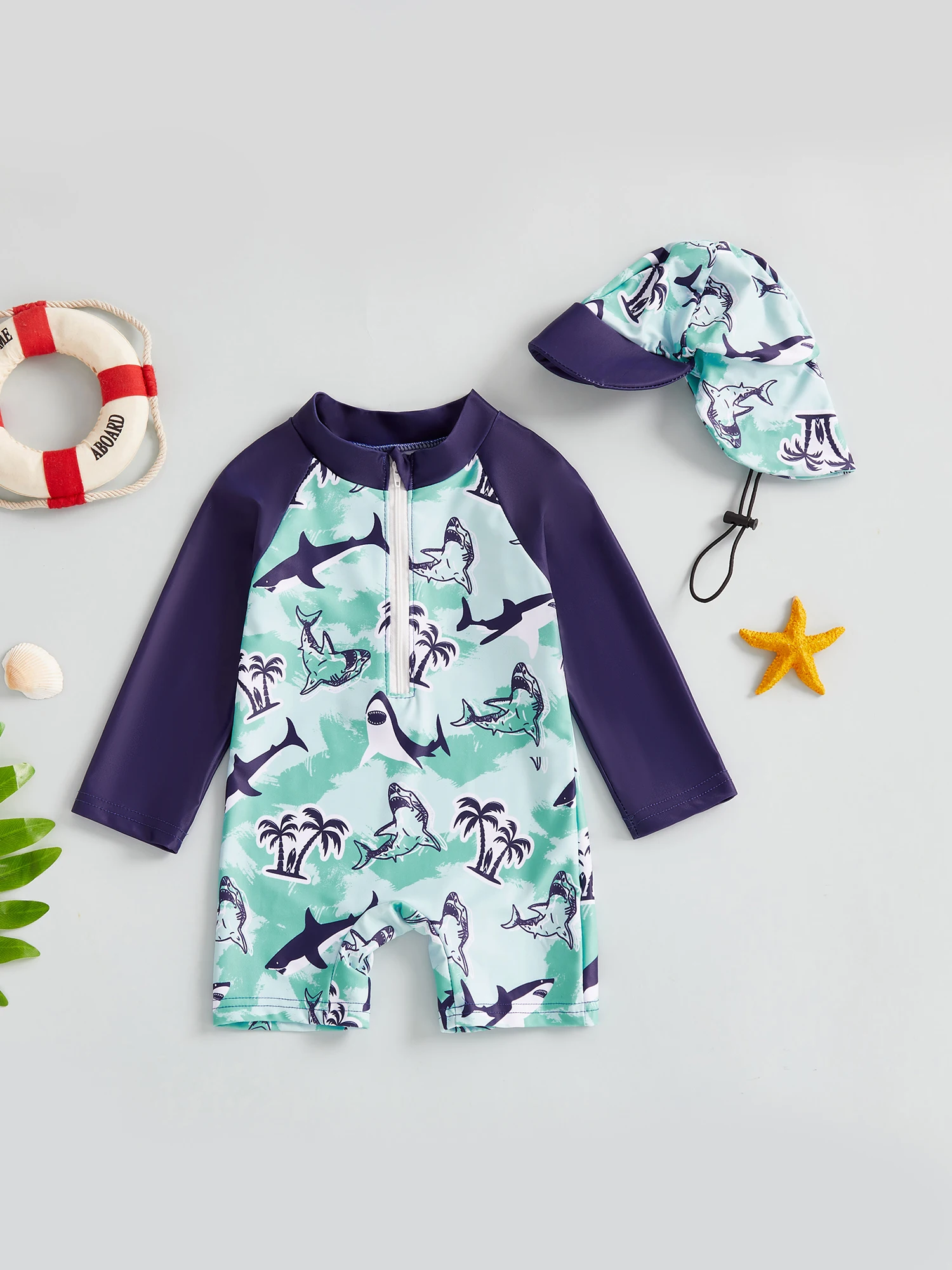 مجموعة ملابس سباحة رائعة للرضع مع تصميم ديناصور ممتع وسحاب كامل وقبعة شمس متطابقة للأولاد #4