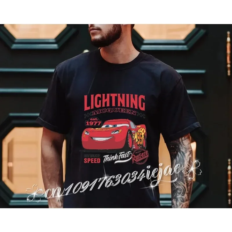 

2025 Summer Disney Lightning Mcqueen 100% Cotton Printed T-shirt Casual Unisex Couples T-Shirt Stylish Cute Men Women Clothing
