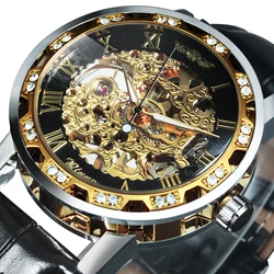 WINNER Classic Elegant Mechanical Watch for Women Vintage Gold Skeleton Ladies Watches Top Brand Luxury Diamond Leather Strap