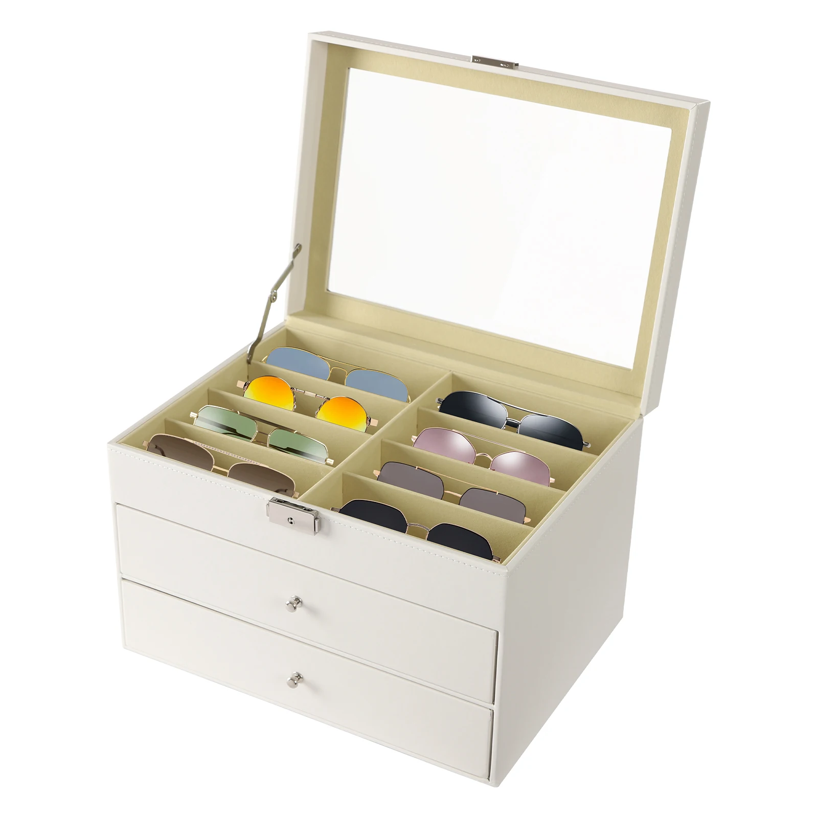 

Sunglasses Box with 3-Tier Design, 24 Compartment Storage, Clear Glass Lid, Sturdy Lock, Soft Lint Interior, Eco-Friendly MDF