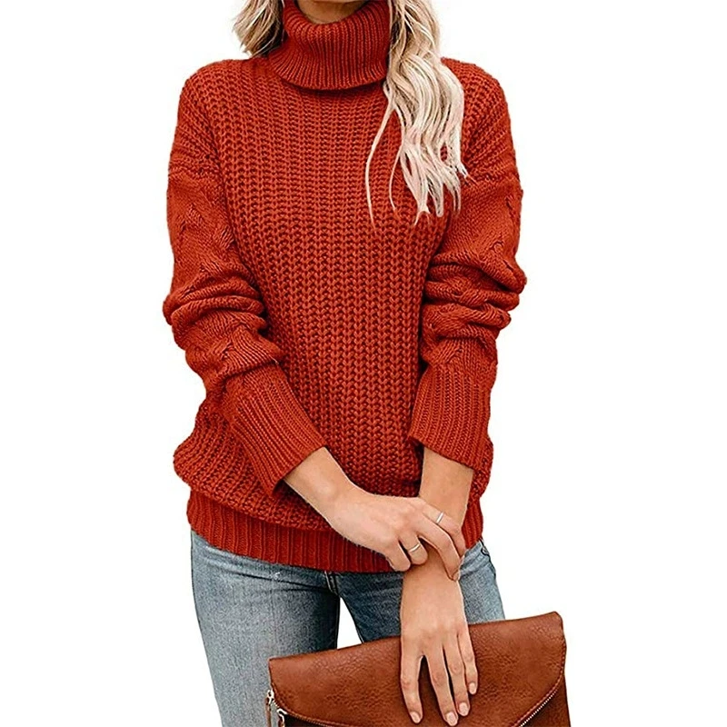 Autumn and winter women's long sleeved twisted flower high neck sweater, women's pullover sweater, knitted sweater