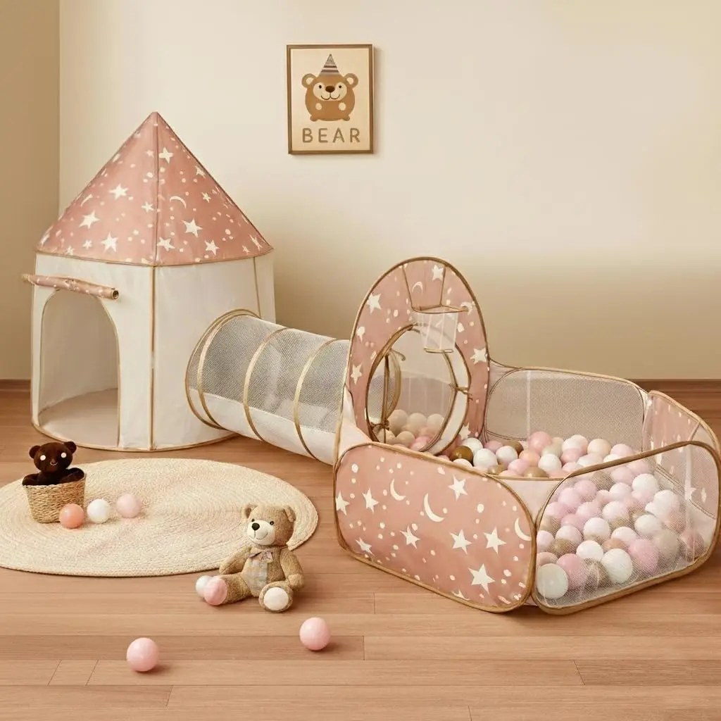 Carpa de Juego 3 en 1 para Niños con Túnel y Piscina de Pelotas, Casa de Juegos Plegable para Interiores y Exteriores para Niños Pequeños, Regalo Perfecto