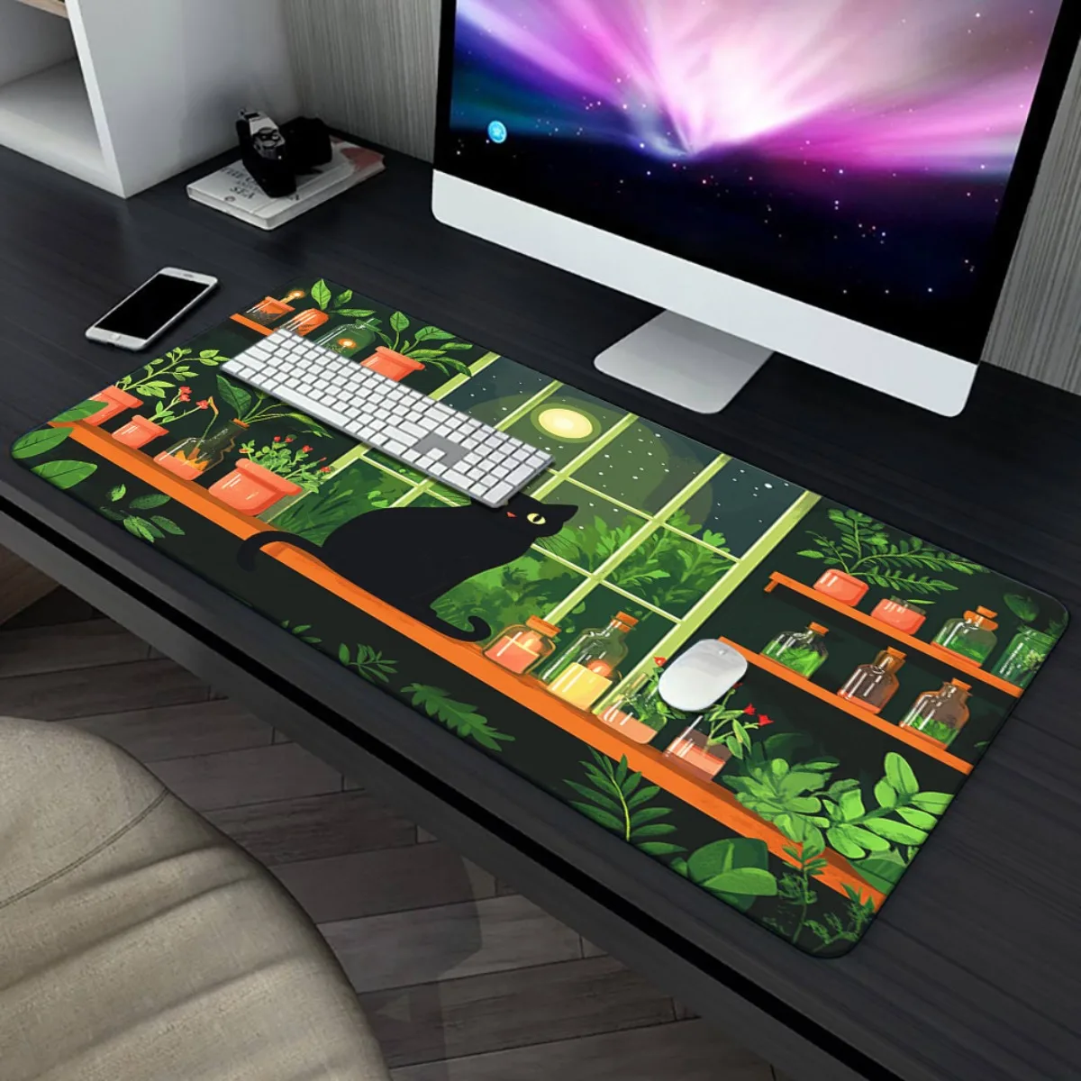 

1pc Black Cat & Plant Scene HD Desk Mat - XXL Rubber Mouse Pad with Window, Candles & Greenery Design for Office, Gaming, or Hom