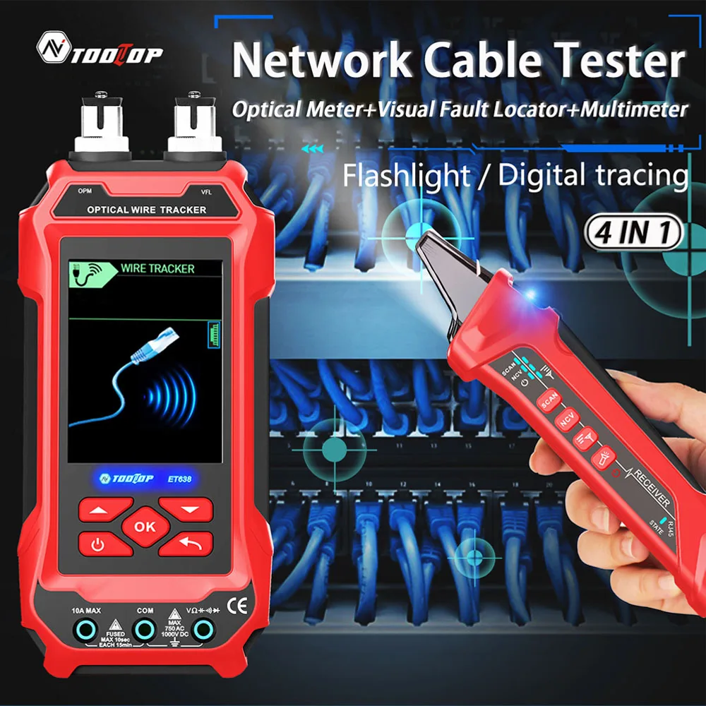 TOOLTOP ET638 Handheld Network Cable Tester 3.2-Inch Color Screen NCV 60000 Count Multimeter Optical Power Meter Fault Locator