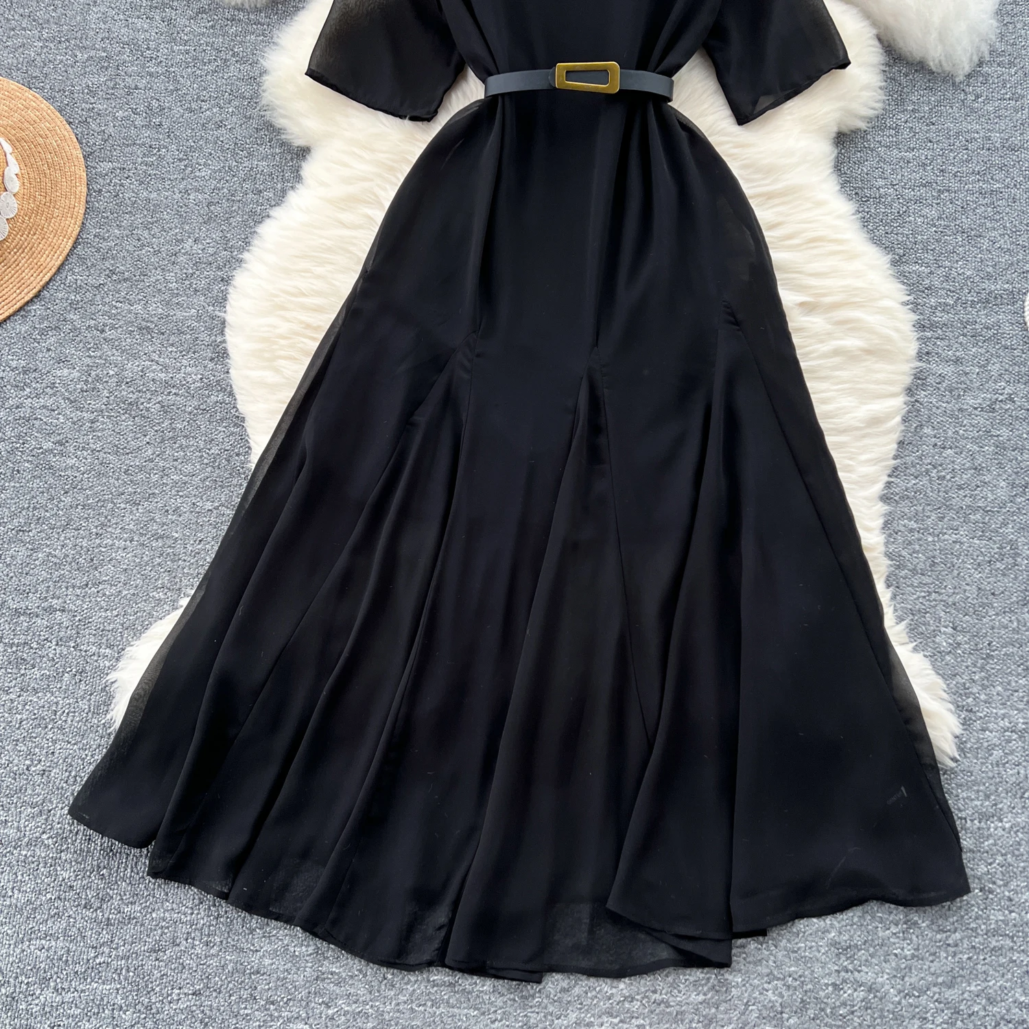 Vestido preto longo para mulheres, costura em malha, elegante vestido de festa para noite chique, duas camadas, verão e outono, novo, 2022