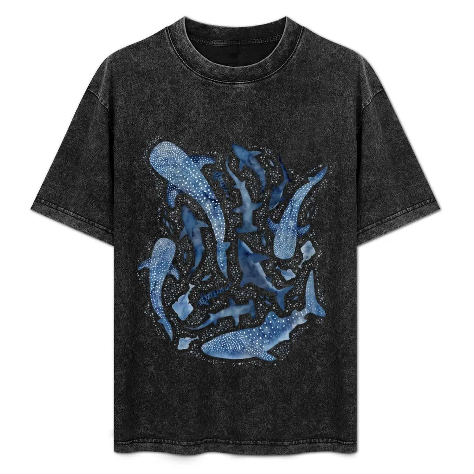 

Monochrome blue watercolour shark ocean on white T-Shirt funny costumes customizeds mens vintage t shirts