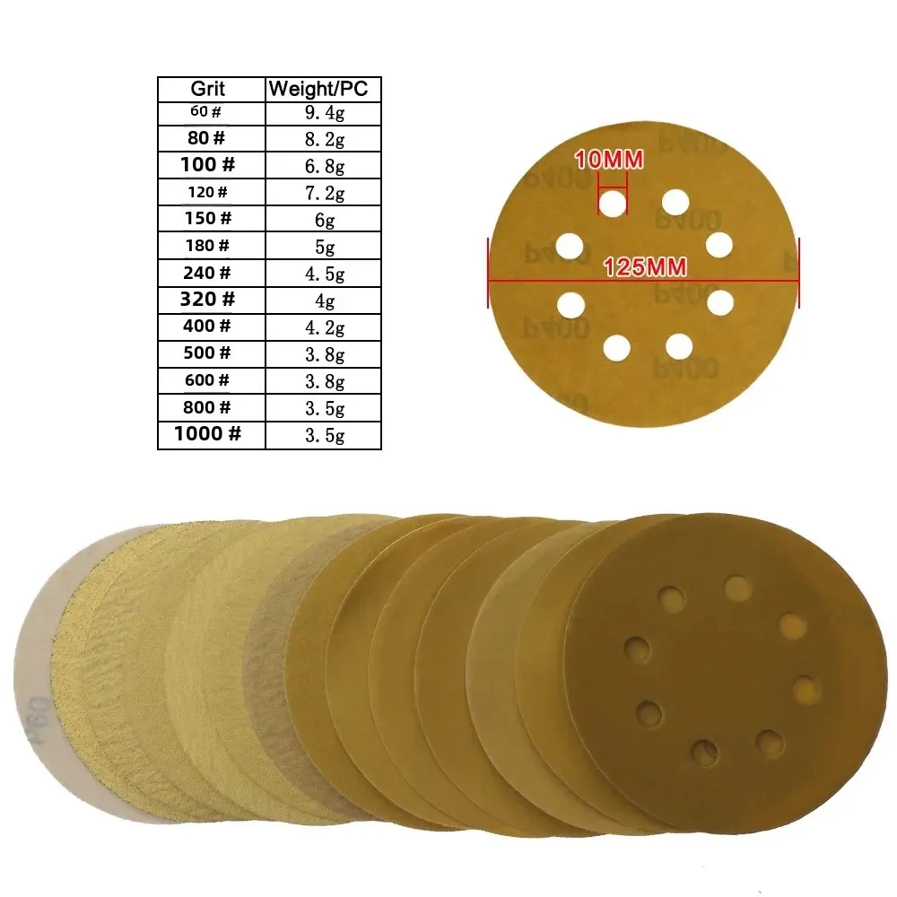 10 Pcs 5 Inch 125MM 8 Holes Aluminium Oxide  60 to 1000 Grits Hook Loop Sandpaper Sanding Disc for Metal & Automotive Wood